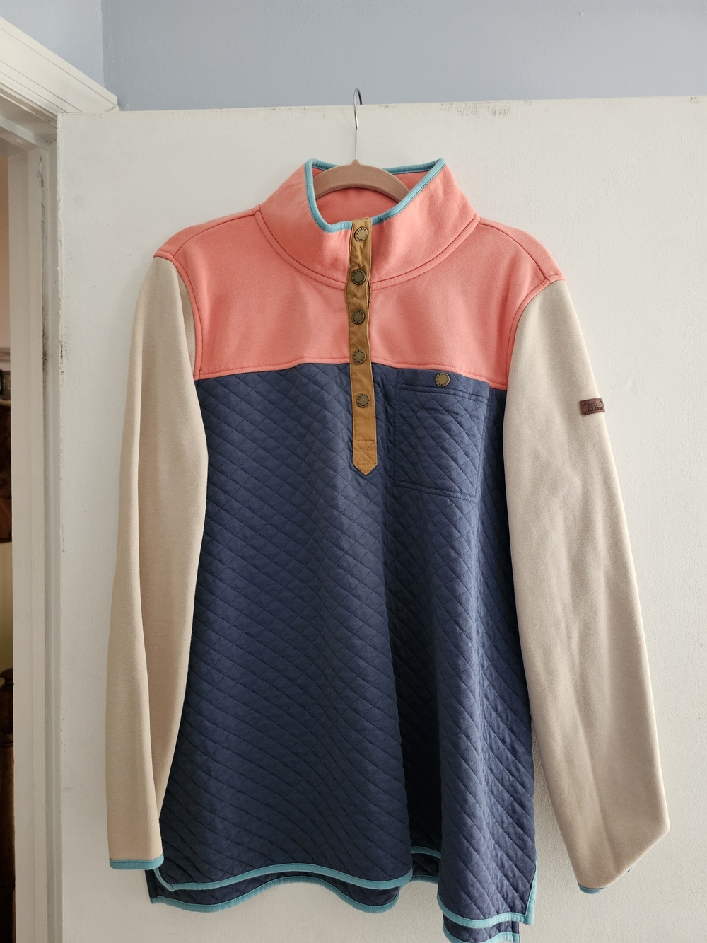L.L. Bean Quilted Colorblock Pullover Hoodie in Coral, Navy & Cream